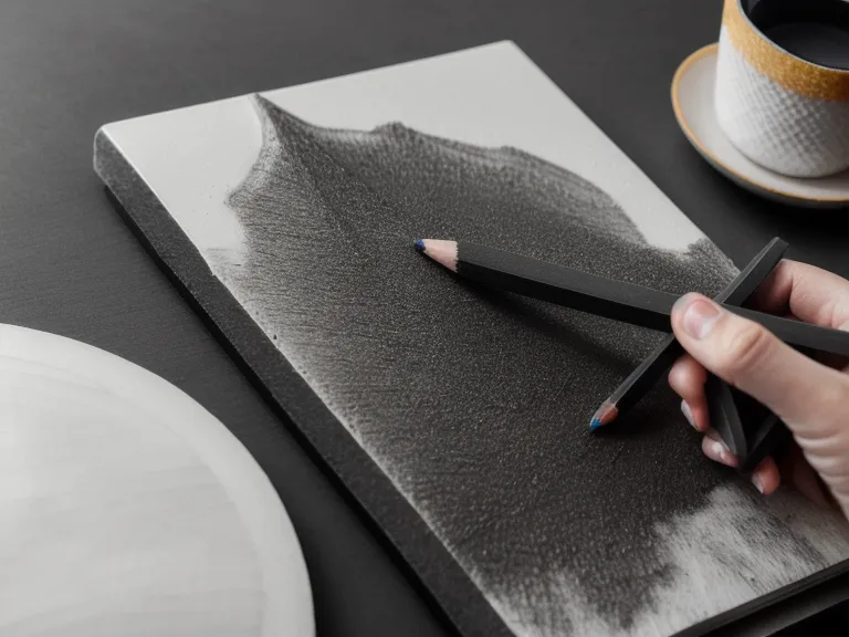 Close-up of a hand sketching with a crystal on a router in the background.