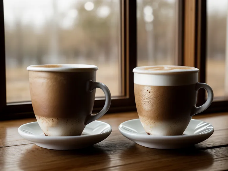 Close-up of coffee cups on a wooden table in a blurred cafe setting.