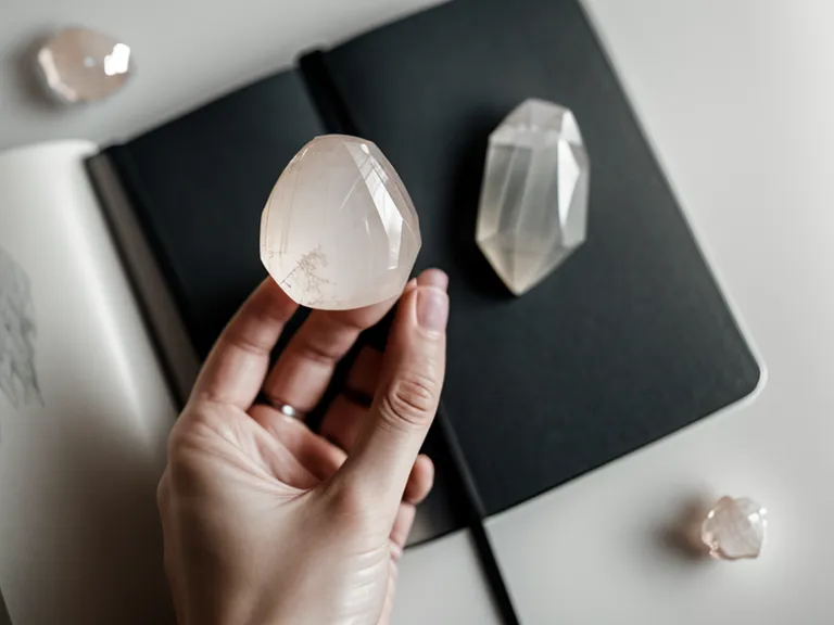 A hand holding a crystal over a creative journal in soft natural light.