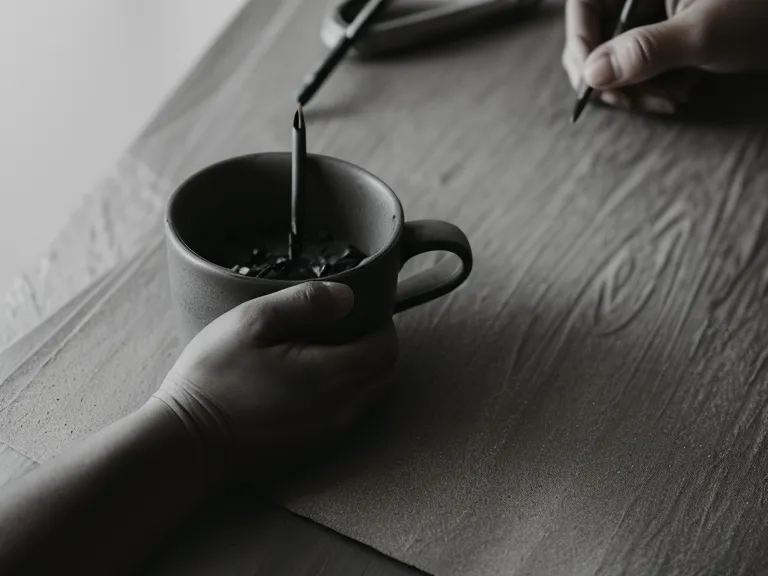 Close-up of a freelance illustrator drawing a cedar tree in a sunlit studio.