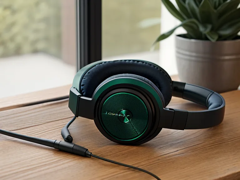 Noise-canceling headphones and a drawing tablet on a wooden workspace.